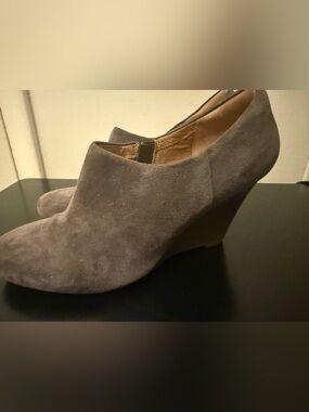 Clarks Brown Suede Wedge Booties with Textured Heel